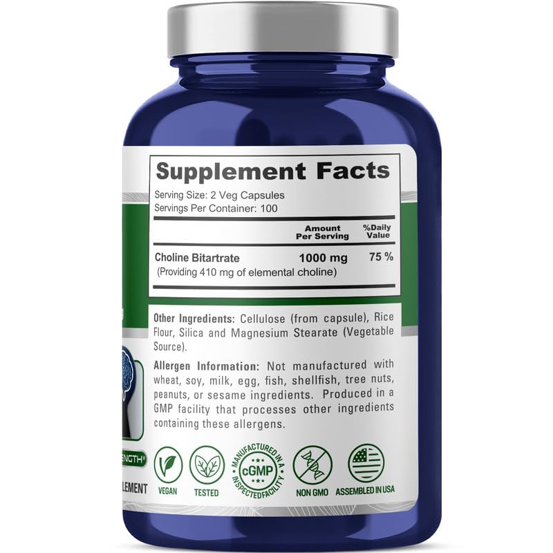 [Australia] - NusaPure Choline Bitartrate 1000 mg 200 Veggie Capsules (Vegetarian, Non-GMO) 