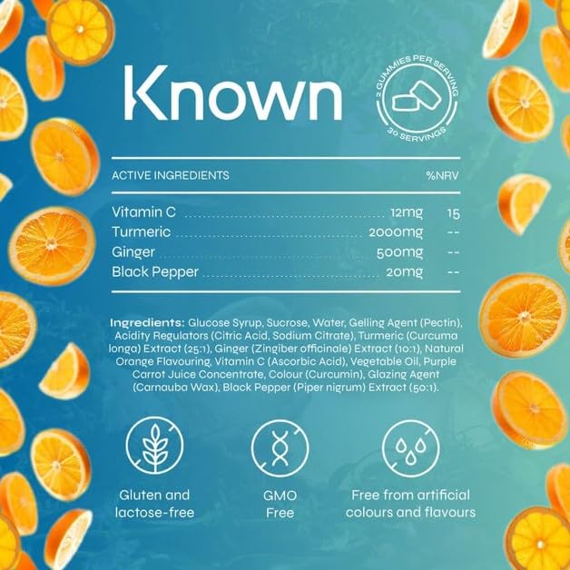 Known High Strength 2000mg Turmeric & Ginger Gummies – Orange Flavour – with Vitamin C & Black Pepper – Vegan Gummy Supplement – Joint, Muscle & Immune Support – 1 Month Supply – for Men & Women