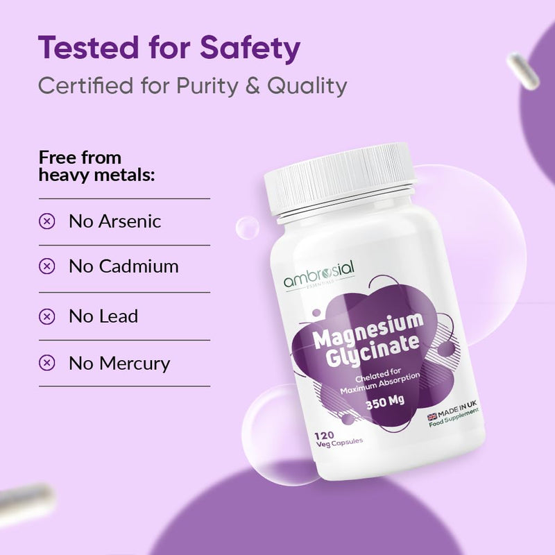 Ambrosial Chelated Magnesium Glycinate - 350 mg of Elemental Magnesium – High Strength Mag.Supplement for Women & Men, Gentle on Stomach, Vegan, GMP Certified, 120 Capsules (4 Months Supply)