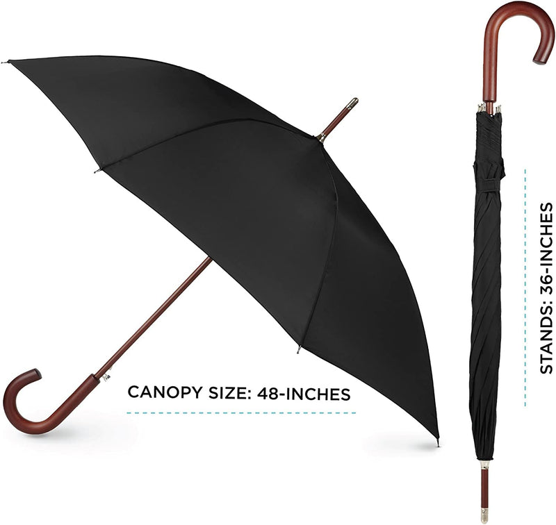 Totes Auto Open Water Repellent Stick Umbrella with Classic Wood J Hook Handle Navy Blue One Size