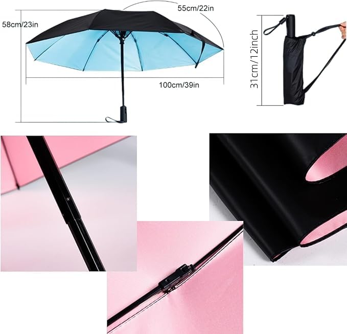 Sun Folding Umbrella with Built-in Fan, UPF 50+ Umbrella | USB Rechargeable, Portable UV Blocking Fan Umbrella for Rain, Hot Days, Beach and Sports pink