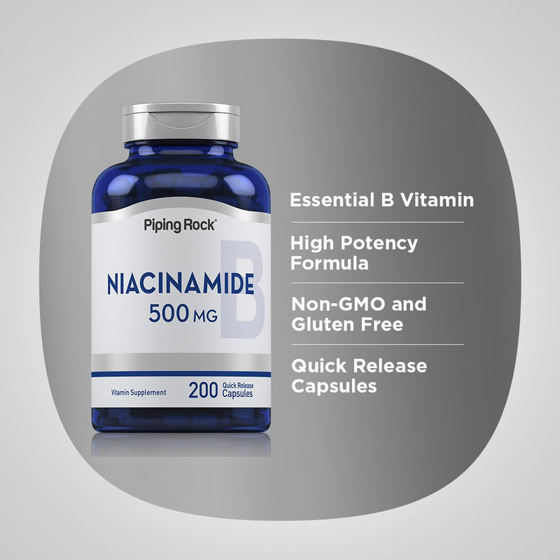 Piping Rock Niacinamide 500mg | 200 Capsules | Vitamin B3 | Non-GMO, Gluten Free Supplement