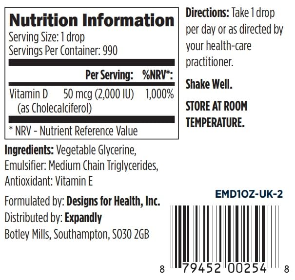 Designs for Health Hi-Po Emulsi-D3 - Vitamin D Drops - High Potency Liquid Vitamin D3, 2,000 IU per Drop - Bones, Teeth & Immune Support - Vegetarian, Non-GMO, Gluten Free, Dairy Free - 30 ml