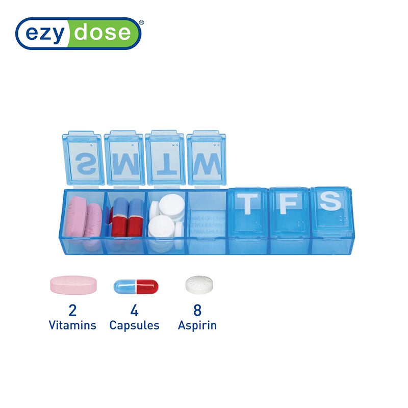 EZY DOSE Weekly (7-Day) Daily Pill Case, Medicine Planner, Vitamin Organizer, Supplement Container Box, Small Compartments, Travel Friendly and Convenient, Color May Vary (Randomly Selected), BPA Free