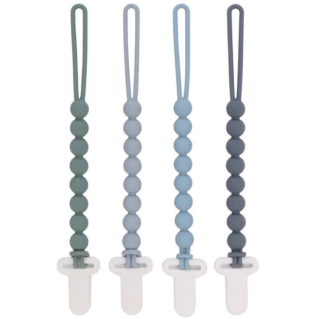 4-Pack Silicone Pacifier Clips with One-Piece Beads for Baby Boys and Girls - Flexible and Rust-Free Holders for Teething Relief and Baby Essentials, Safe for Newborns (Grey) Grey