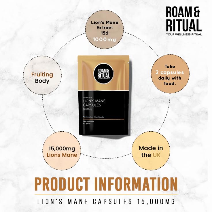 Lions Mane Supplement 15,000mg | High-Strength Fruiting Body Extract | Lion's Mane Mushroom 15:1 Extract for Focus & Mental Performance - 60 Capsules Made in the UK by Roam & Ritual™