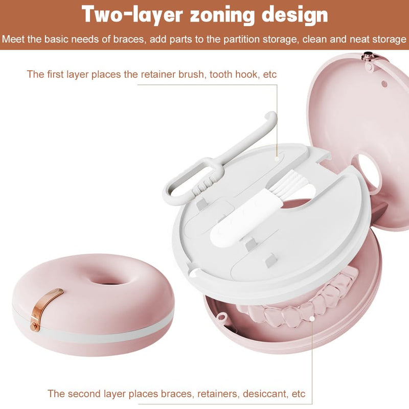 [Australia] - Dzmuero Braces Box, Denture Box, Retainer Case Denture Bath Cleaning Tool, with 1 Aligner Removal Tool and 1 Denture Brush for Braces or Dentures, Pink 