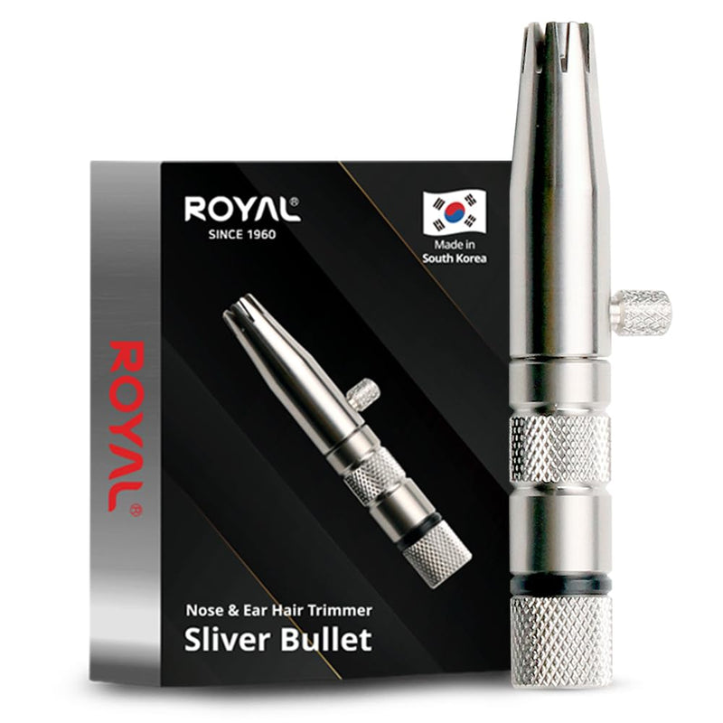 ROYAL [Made in Korea] Premium Manual Nose Hair Trimmer for Men Silver Bullet, Battery-Free, Stainless Steel Rotary Blade Grooming Tool, Waterproof, Safe & Painless with Patented Mechanism, ET-3 Stainless Gray