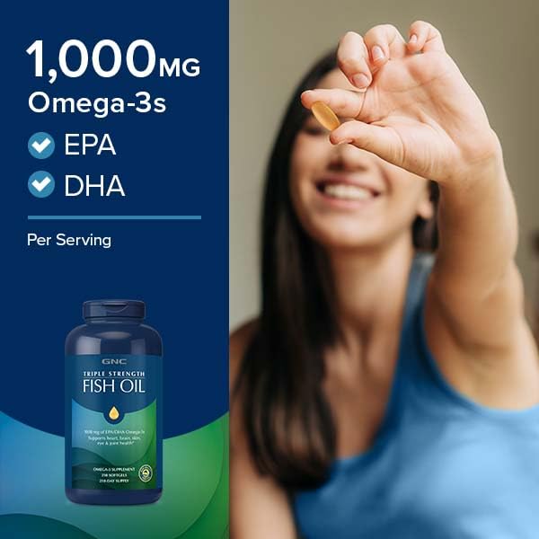 GNC Triple Strength Fish Oil Omega 3 Supplement, 1000mg EPA and DHA, Supports Heart, Brain, Skin, Eye and Joint Health, Burpless, Ultra Concentrated, High Potency, Wild Caught, 120 Softgels 1 Count (Pack of 1)