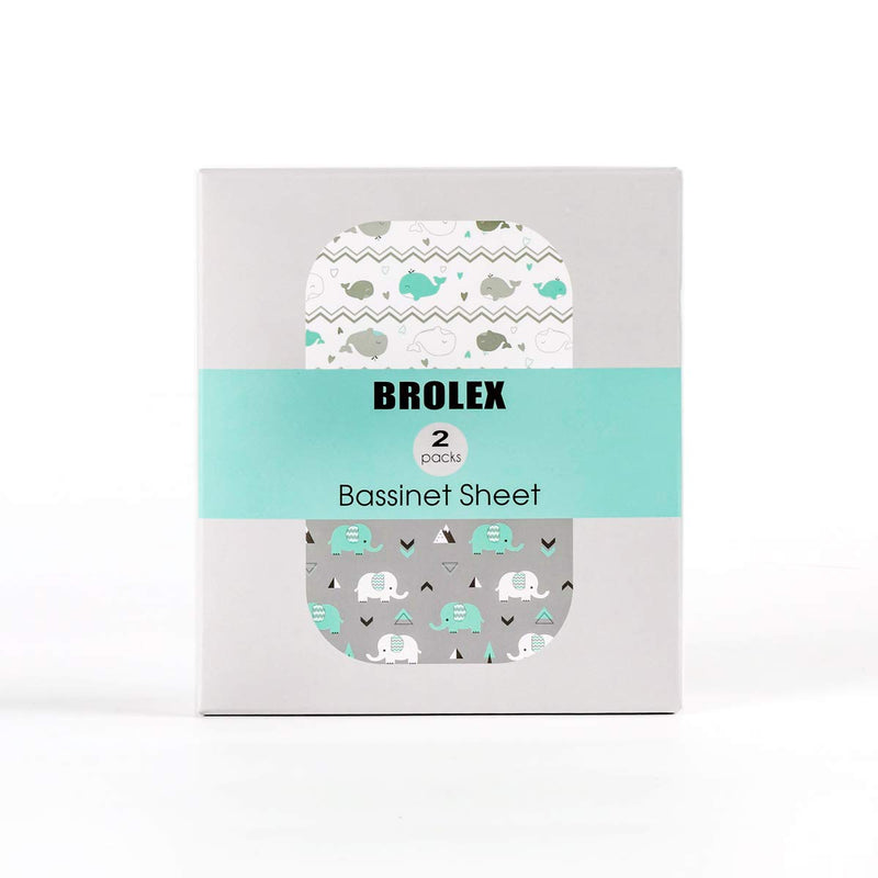 [Australia] - Stretch Fitted Bassinet Sheet Set BROLEX 2 Pack Cradle Sheets for Bassinet Pad/Mattress,Unisex Boys Girls,Ultra Soft,Elephant & Whale Grey Teal 