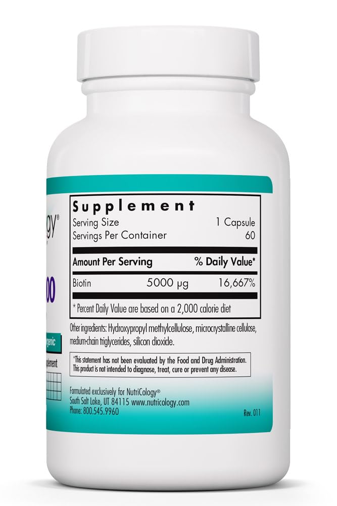 Nutricology Biotin 5000 mcg, Hair Skin and Nails, 60 Capsules | 5000 mcg Vitamin B Biotin for Metabolism, Energy Production and Hair, Skin and Nail Support, Gluten-Free, 60 Servings