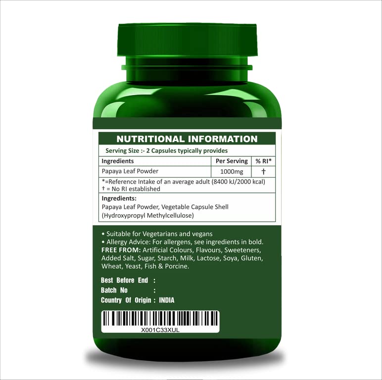 Herbal Magic Natural Papaya Leaf (Carica Papaya) 60 x 500 mg Veg Capsules - Rich, Revered & Prized herb in Ayurveda - Whole Leaf Used - No Fillers & Preservatives (Pack of 1)