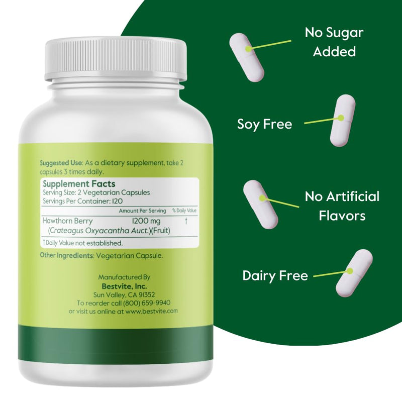 [Australia] - BESTVITE Hawthorn Berry 600mg per Capsule (240 Vegetarian Capsules) - No Stearates - No Fillers - Vegan - Non GMO - Gluten Free 