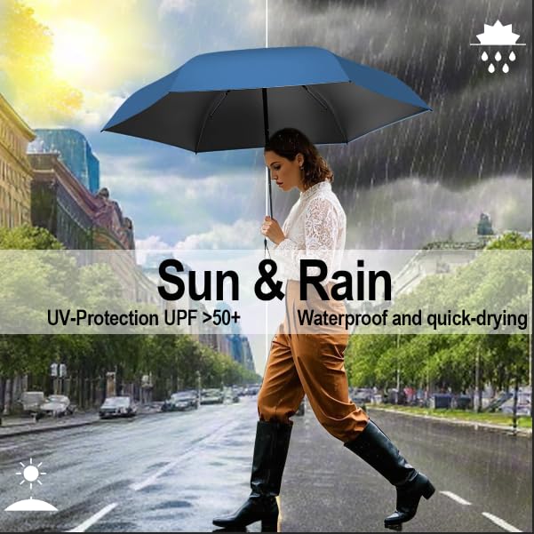 Mini Travel Umbrella, UPF 50+ Compact Fits in Purse | Eco-friendly Recycled Fabric, Rain & UV Protection.Portable Umbrella with Leather Case，Travel essentials for Disney BlueBlack 2