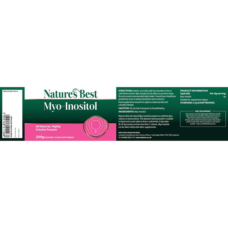 Nature's Best Myo-Inositol Powder - Suitable for Women - Fast Absorbing - Delicious & Easy to Mix - UK Made - 200g Powder, 50 Servings