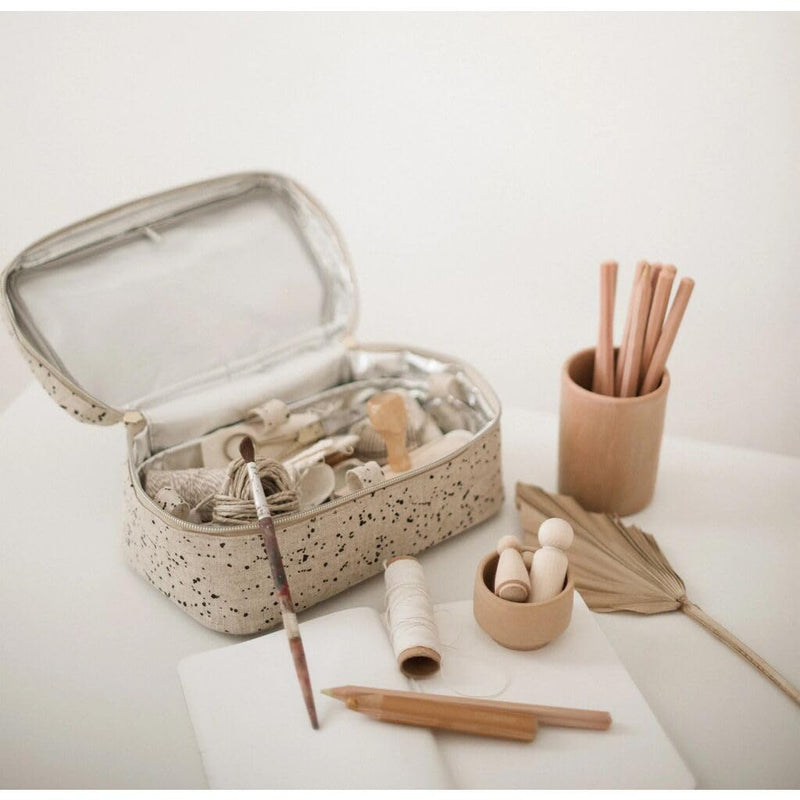 Beauty Poche - Cosmetic Bag & Makeup Organizer for Travel, Three-Tiered, Linen/Cotton Exterior, Removable Tray, Machine Washable - Ink Splatter