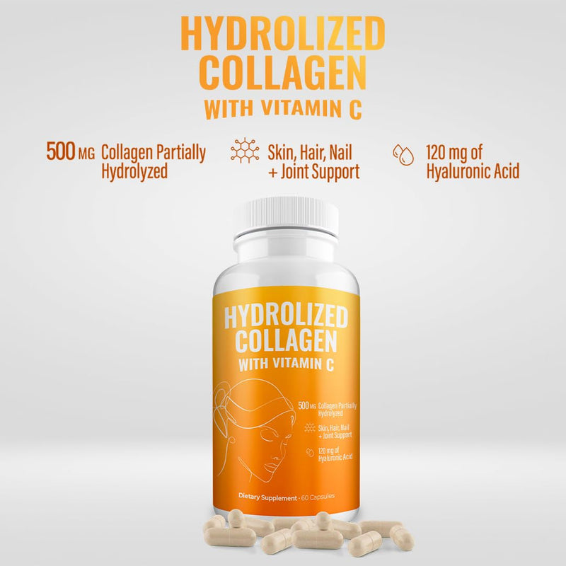 Aura Vitamin Hydrolyzed Collagen with Vitamin C Capsules 500mg Great Energy | Skin, Hair and Nail Support | Hyaluronic Acid Pills - 60ct (2) 2