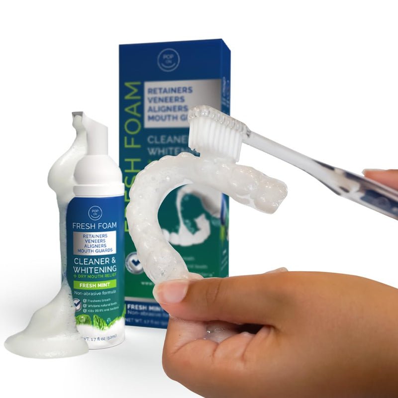 [Australia] - Retainer Cleaning Bundle by Pop On - 30 Retainer Cleaner Tablets, 1 Aligner Cleaner Fresh Foam, 1 Soft Bristle Toothbrush, 1 Mirror Case for Mouth Guards, Night Guards, Invisalign, Veneers, Dentures 