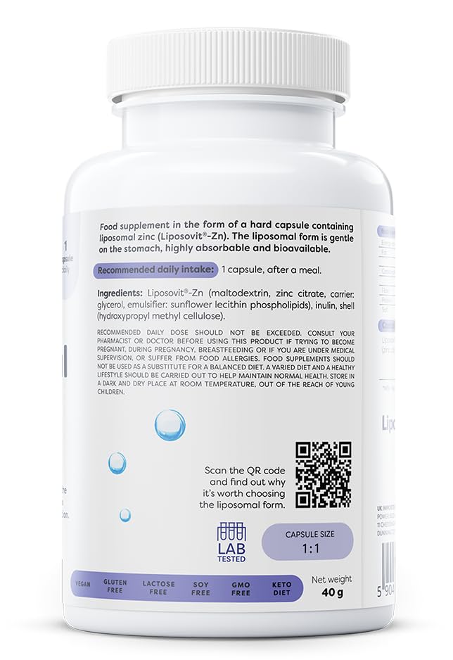 Osavi Liposomal Zinc 15 mg - 120 Vegan Capsules| Liposovit®-Zn Capsules | High Absorption & Gentle on Stomach | Supports Immune System, Cognitive Function, Hair, Skin & Nails