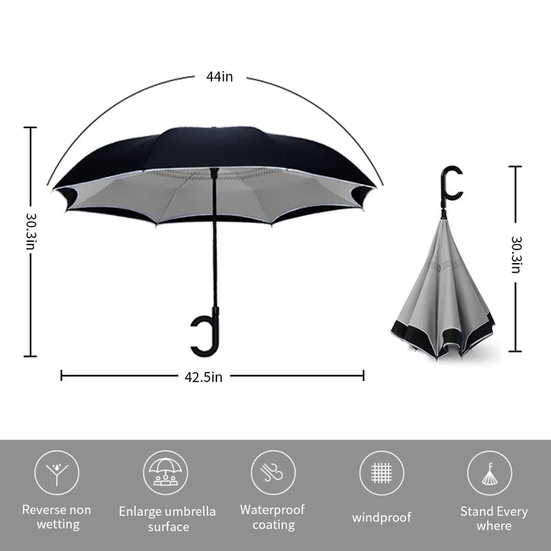 Dlin Inverted Reverse Windproof Umbrella,Upside Down Umbrella with C-Shaped Handle,Anti-UV Windproof Rain Double Layer Stick Umbrella for Women and Men. Grey