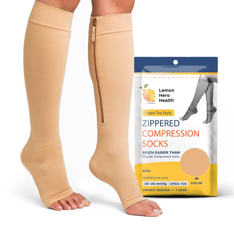 Open Toe Compression Socks Women - Toeless 20-30 mmHg Medical Compression Socks for Men, Sturdy Zippered Stocking to Improves Blood Circulation, Relieves Pain & Swelling - XL-Short, Beige [1 Pair]