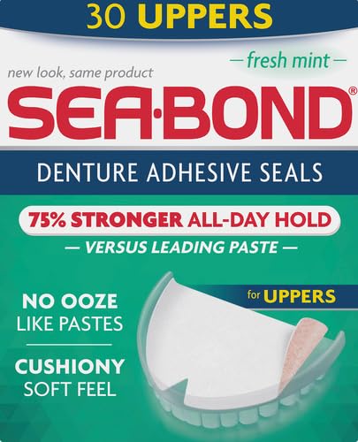 Sea Bond Secure Denture Adhesive Seals, Fresh Mint Uppers, Zinc-Free, All-Day-Hold, Mess-Free, 30 Count (Pack of 2) 30 Count (Pack of 2)