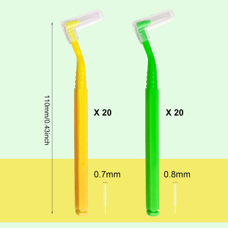 [Australia] - SKHAOVS Pack of 40 L-shaped interdental brushes with long handle, toothbrush between teeth and gums, tooth cleaning between spaces, for tooth cleaning plaque removal (yellow green) yellow green 