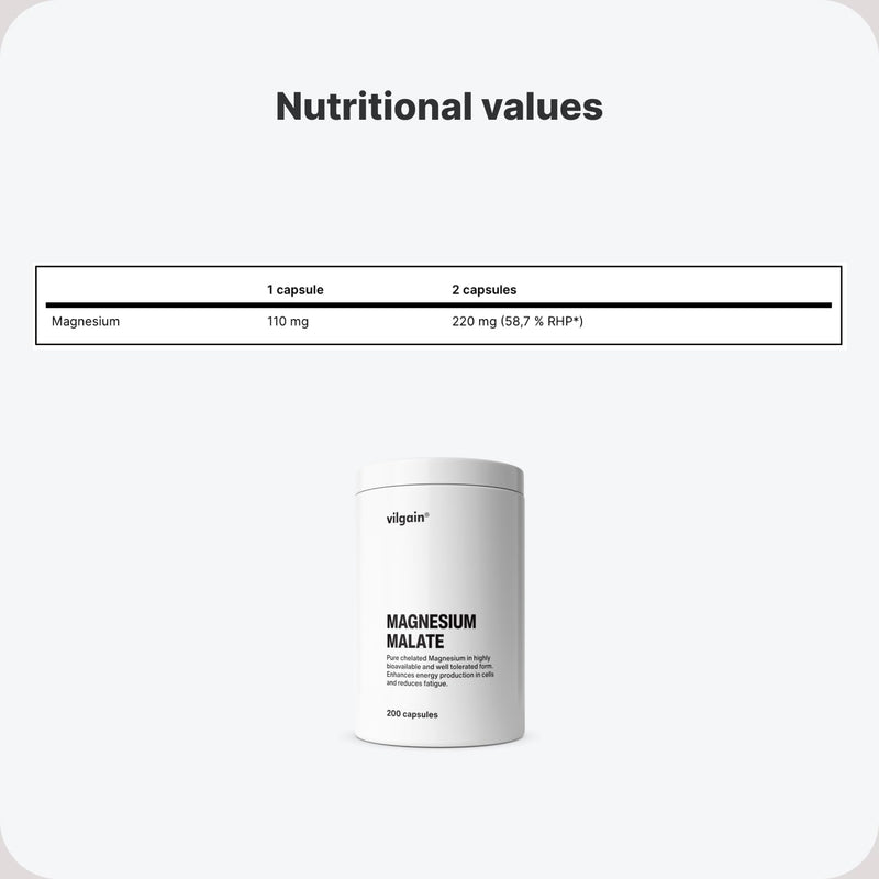 Vilgain Magnesium Malate - energising Form of Magnesium, in chelated Form with high Absorption, Reduces Tiredness and Fatigue, Supports Cell Renewal