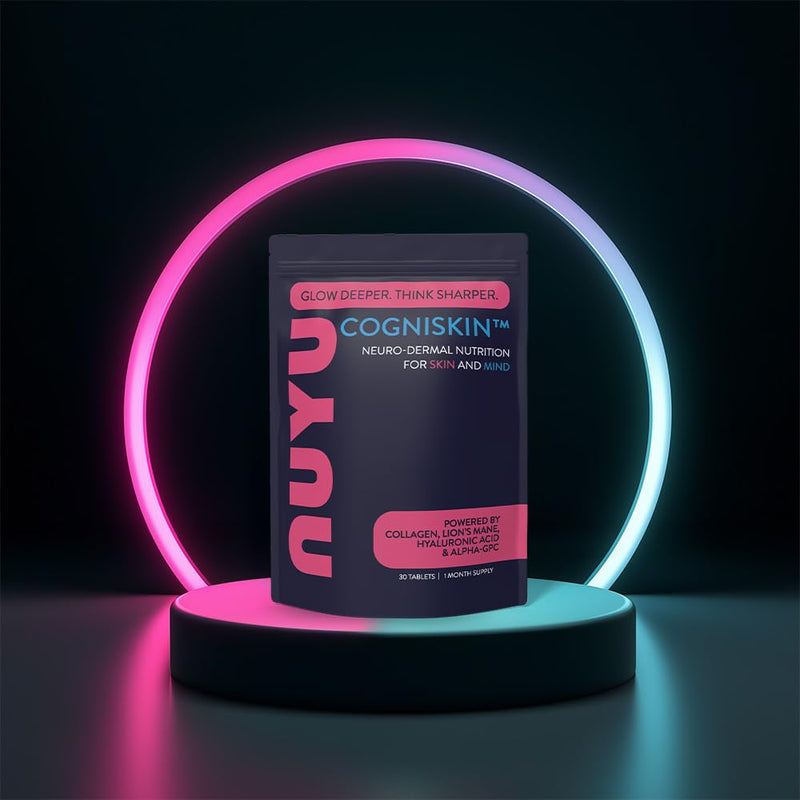 NUYU COGNISKIN™ Capsules. Neuro-Dermal Supplement with Marine Collagen, Hyaluronic Acid, Lion’s Mane & Alpha-GPC for Skin Hydration, Collagen Support & Cognitive Clarity. Two-a-Day, 1 Month Supply.