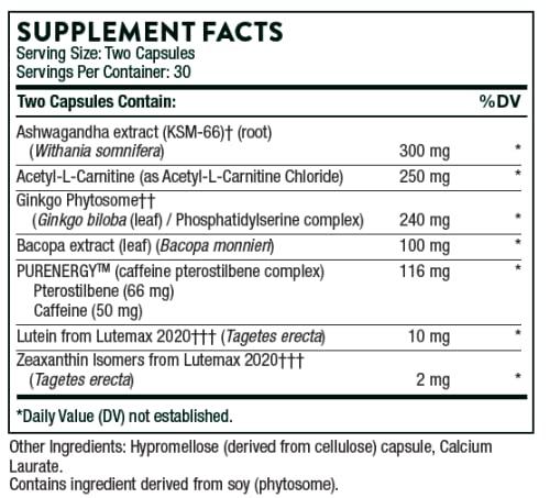 [Australia] - THORNE Memoractiv - Nootropic Brain Supplement for Focus, Creativity, and Concentration - Ashwagandha, Ginkgo, Lutemax, Bacopa, Pterostilbene - Gluten-Free, Dairy-Free - 60 Capsules - 30 Servings 