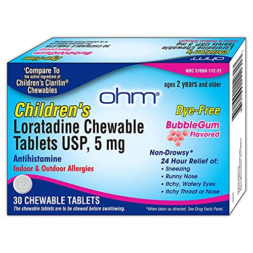 [Australia] - OHM Children’s Chewable Tablets, Dye Free, Bubblegum, Non-Drowsy 24h Relief of Sneezing, Runny Nose, Itchy Watery Eyes, Itchy Throat or Nose, Antihistamine, Indoor & Outdoor Allergies, 5mg, 30 Tablets 