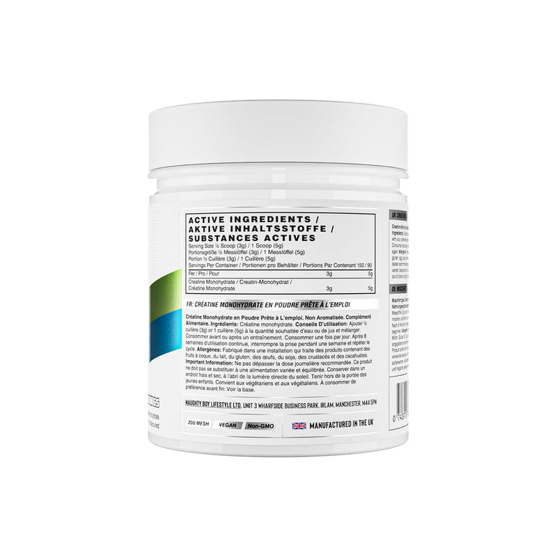 Naughty Boy Micronised Creatine Monohydrate Powder, 100% Pure 200 Mesh Creatine, Unflavoured, 450g, 150 Servings
