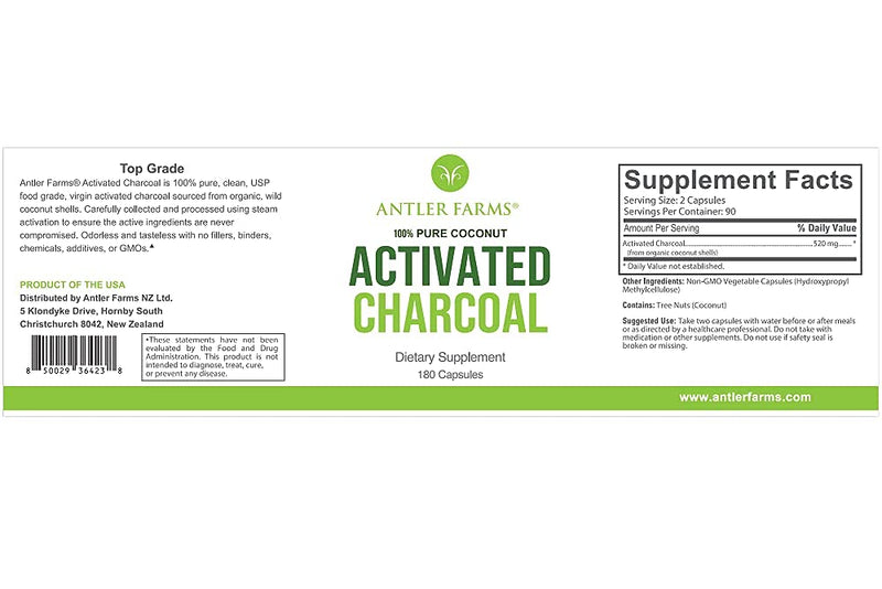 [Australia] - Antler Farms - 100% Pure Organic Coconut Activated Charcoal, 180 Capsules 260mg - Wild Harvested, Virgin Coconut Shell, USP Food Grade, Steam Activated, Ultra Fine 