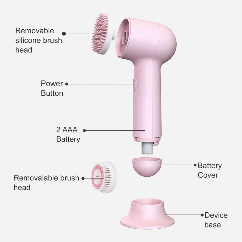 Electrical Facial Cleansing Brush, Multi-Function Face Wash Brush with Base and 2 Brush Heads, Portable Face Scrubber for Deep Skin Cleaning and Gentle Exfoliating (Pink) Pink