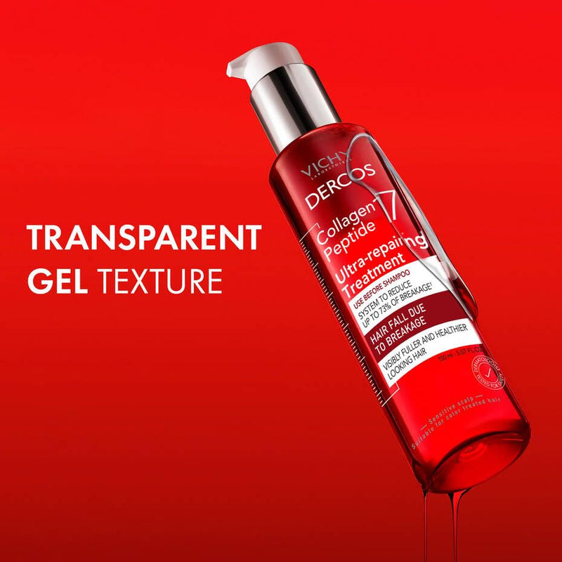 Vichy Dercos Ultra-Repairing Bond Repair Hair Treatment, Strengthens, 150ml | Using Collagen Peptide 17, this pre-shampoo treatment helps reduce hair fall and breakage, preps & protects damaged hair.