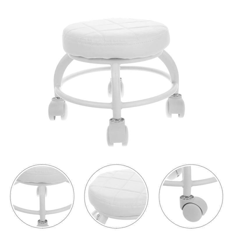 [Australia] - Low Rolling Stool with Wheels PU Leather Low Stool Modern Round Roller Seat for Manicure, Mechanic,Home Office White 