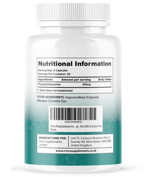 Vinco Phosphatidylserine Supplement - 120 High Strength Phosphatidylserine Capsules - 300mg Per Serving - Non GMO & Gluten Free (White) White