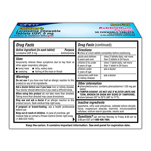 [Australia] - OHM Children’s Chewable Tablets, Dye Free, Bubblegum, Non-Drowsy 24h Relief of Sneezing, Runny Nose, Itchy Watery Eyes, Itchy Throat or Nose, Antihistamine, Indoor & Outdoor Allergies, 5mg, 30 Tablets 