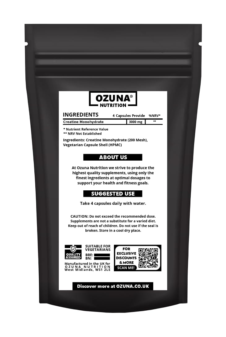 Creatine Monohydrate 3000mg | 60 Vegan Capsules | Micronised for Easy Absorption | Creatine Monohydrate Powder Tablets for Men & Women | Unflavoured, Gluten-Free & Keto-Friendly
