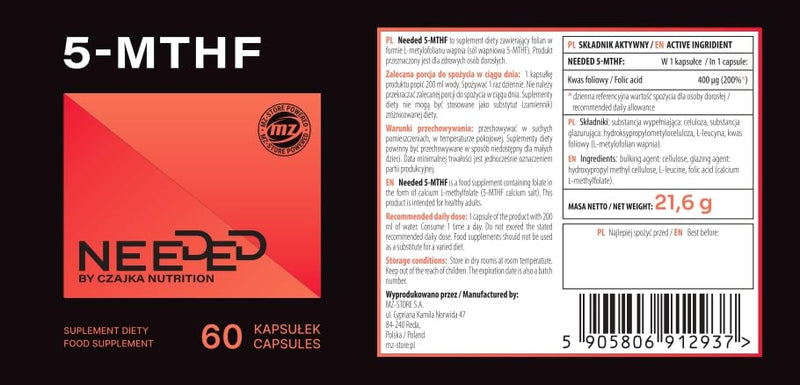 5-MTHF L-Methylfolate 400 µg - 60 Vegan Capsules | 60-Day Supply - Brain Support & Energy & Vitality - Needed