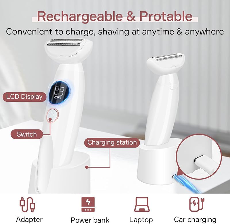 [Australia] - Bikini Trimmer for Women, 5 in 1 Electric Razors for Women - Rechargeable Electric Shaver - IPX7 Waterproof Bikini Trimmer for Underarm Leg Arm Body White 