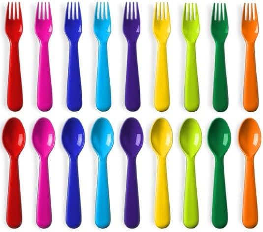 [Australia] - Toddler Utensils Set of 18 Plastic Kids Utensils Forks and Spoons - BPA FREE/Dishwasher Safe Toddler Flatware Set Brightly Colored Children's Safe Silverewre Cutlery Set 