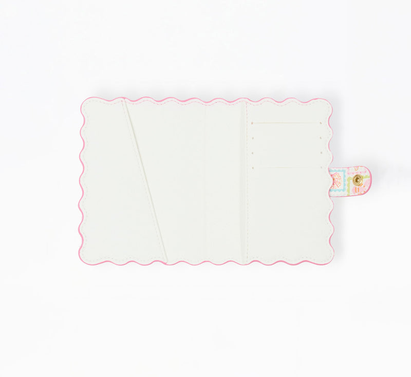 Mary Square Passport Cover - Happy Place Tropical Stamp Print Scalloped Vegan Leather Travel Wallet with Snap Closure and Card Slots - 4 x 5.5 Passport Holder for Women with Gold Hardware Happy Place Pink
