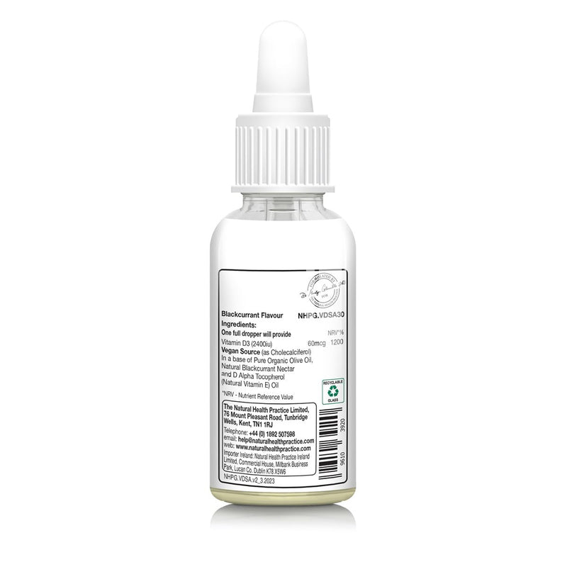 NHP Advanced Vitamin D3 Support - Vegan Blackcurrant Liquid for Healthy Bones, Teeth & Immune System – 100% Active Ingredients, Free from Gluten, Dairy & Excipients – Easy-to-Take Supplement