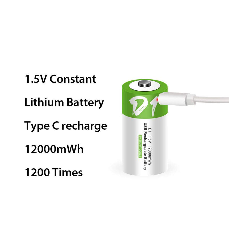 [Australia] - USB D Lithium ion Rechargeable Battery, High Capacity 1.5V 12000mWh Rechargeable D Battery, 4 H Fast Charge, 1200 Cycle with Type C Port Cable, Constant Output,2-Pack 2* D battery 