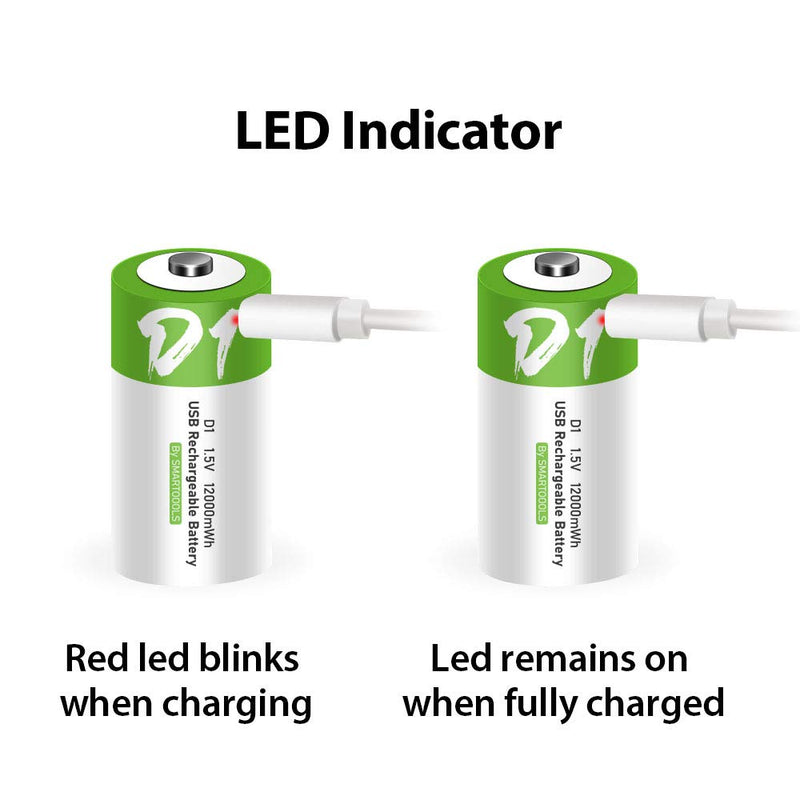 [Australia] - USB D Lithium ion Rechargeable Battery, High Capacity 1.5V 12000mWh Rechargeable D Battery, 4 H Fast Charge, 1200 Cycle with Type C Port Cable, Constant Output,2-Pack 2* D battery 