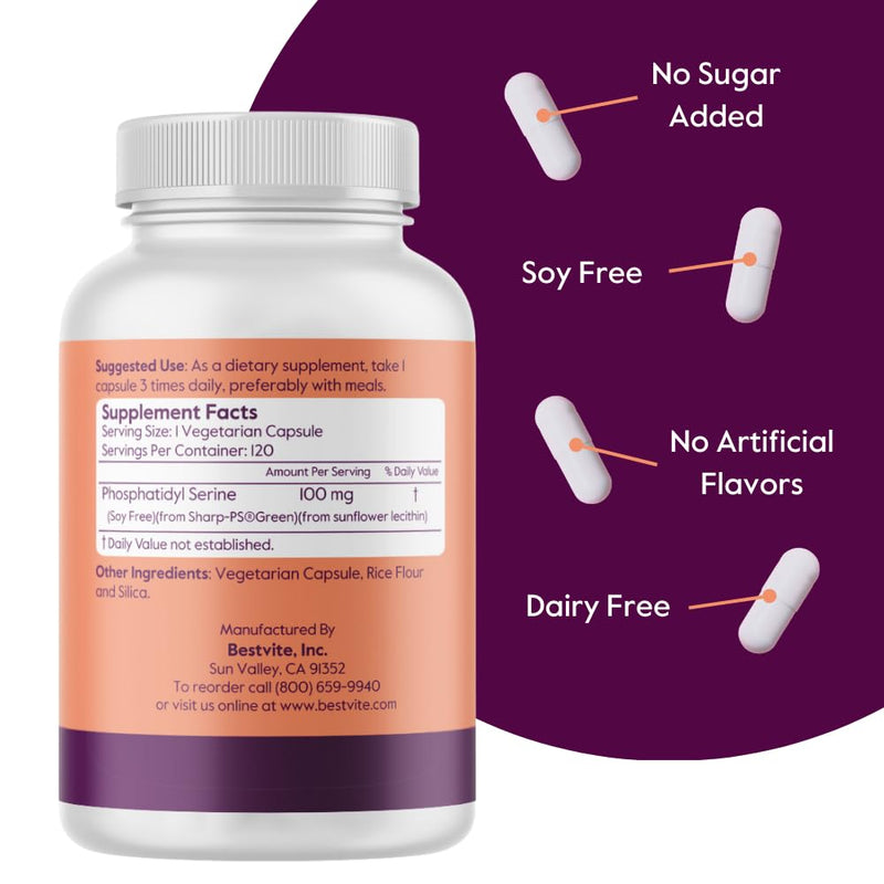 [Australia] - BESTVITE Phosphatidylserine 100mg per Capsule (120 Vegetarian Capsules) with Sharp-PS¬Æ Green - Patented and Clinically Tested - Stearate Free - Soy Free - Gluten Free - Vegan - Non GMO 120 Count (Pack of 1) 