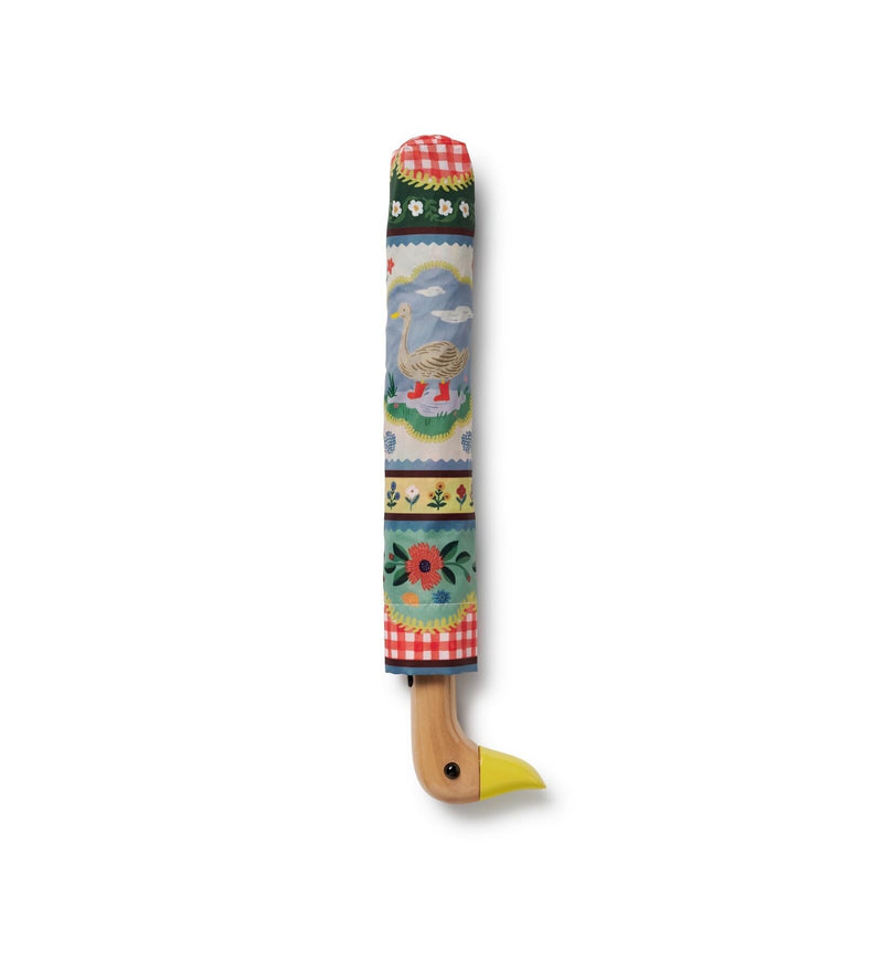 RIFLE PAPER CO. Home Sweet Home Umbrella with Matching Storage Sleeve | Automatic Open Function, 43" Open Diameter, 11" Closed Length, Wooden Duck Handle, Wrist Strap, Folds to Portable Size