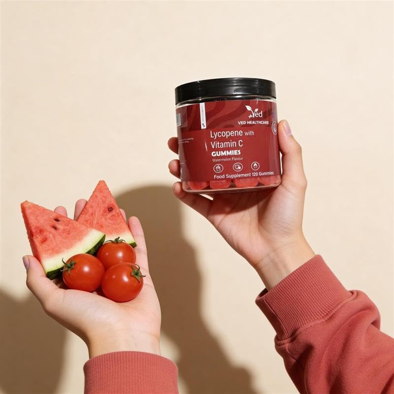 VED Lycopene Watermelon Flavour Gummies for Men & Women – Powerful Antioxidant for Skin & Vision Support, Plant-Based, Vegan, Non-GMO, 120 Count Daily Gummy Chews