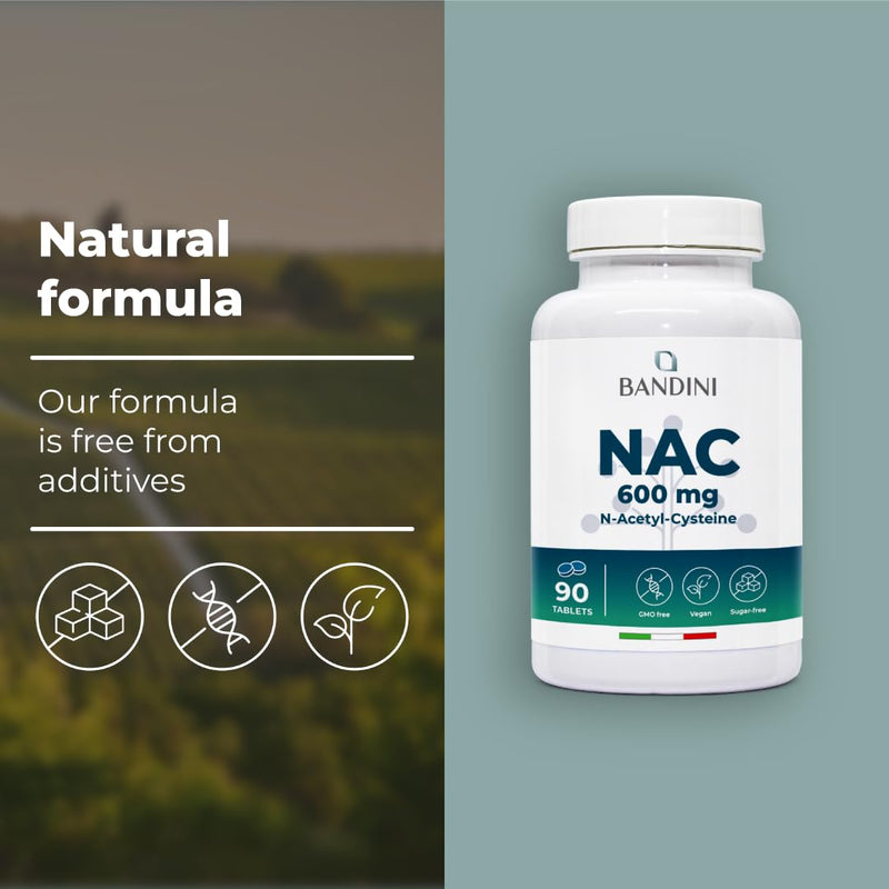 Bandini® NAC N-Acetyl-Cysteine | 600mg Acetyl Cysteine | Glutathione Precursor - Supplement for Men & Women | 90 Tablets | Healthy Skin, Hair and Nails - Antioxidant, Post Workout, Gym | 100% Vegan 90 count (Pack of 1)